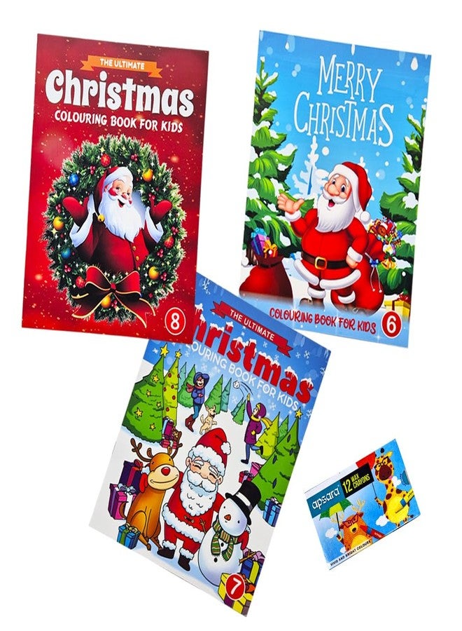 PARTEET Festive Santa Stationery Gift Set for Kids, Fun Christmas Theme 3 Coloring Book with 1 Crayons Colors|Party Favor Stylish, Magical Coloring & Art Drawing Book|Xmas Gift for Kids - Image 1